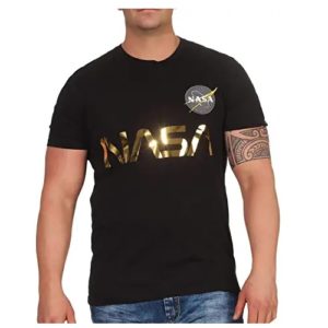 camiseta de la nasa negra con logo de la nasa con letras doradas en categoría ropa de aliens en dealiens.shop